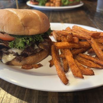 Furman's Burger Bar - Double burger with caramelized onions and sautéed mushrooms with sweet potato fries (and way too much cinnamon-sugar on the fries) - Burgers Near Me - Canton, North Carolina Furman's Burger Bar - Double burger with caramelized onions and sautéed mushrooms with sweet potato fries (and way too much cinnamon-sugar on the fries) - Burgers Near Me - Canton, North Carolina