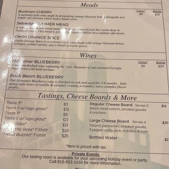 Twin Mills Winery - the menu for the wine tasting - Wineries Near Me - Hogansville, Georgia