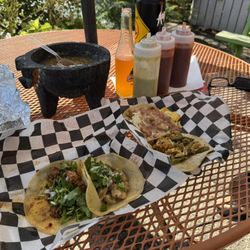Tacos and the several different salsas available.