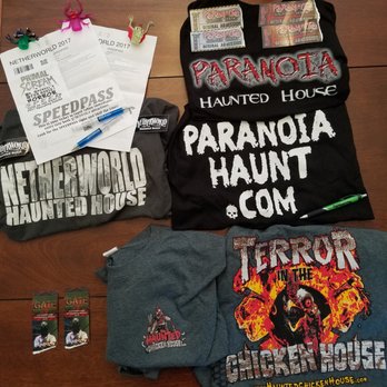 Paranoia Haunted House - A pic of the tickets and gear from all the haunts we visited that night. - Haunted Houses Near Me - Canton, Georgia