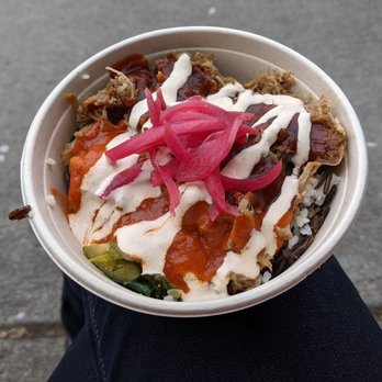 Off the Rez - Pulled pork rice bowl, pre-mixing. 10/10 - Food Trucks Near Me - Seattle, Washington Off the Rez - Pulled pork rice bowl, pre-mixing. 10/10 - Food Trucks Near Me - Seattle, Washington