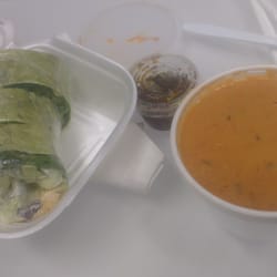 Salad Sensations - Spinach-chicken wrap, 3.85$. Tomato soup, 3.95$.