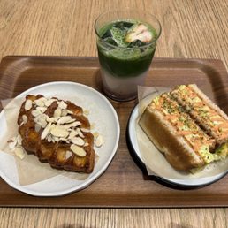 Strawberry matcha latte, Korean street toast, honey almond croissant