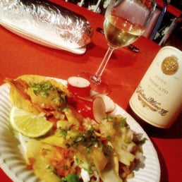 Nothing goes better with fine white wine than Las Delicias late night BYOB tacos Nothing goes better with fine white wine than Las Delicias late night BYOB tacos