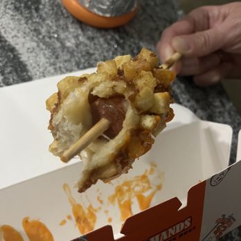 Two Hands Corn Dogs - bottom half with sausage - Hot Dogs Near Me - Houston, Texas