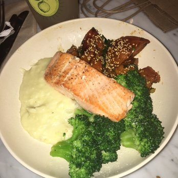 Flower Child - Salmon, garlic potatoes, Parmesan Broccoli florets,?chili pepper sweet potatoes! - Salad Near Me - Addison, Texas