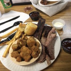 The York Chop - 2 meat plate with bread, okra and fries.