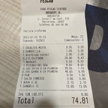 Chao Pescao - Bill for our meal! - Seafood Near Me - Barcelona, B