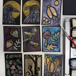 Art Works! Studio - Metallic watercolor ATCs on black paper. Community card-making at noon, Tea-n-Trade at 1 PM, every third Sunday at Art Works! Studio.