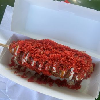 Corn'd - Hot Cheeto corn dog with sweet chili and garlic aioli - Comfort Food Near Me - Turlock, California