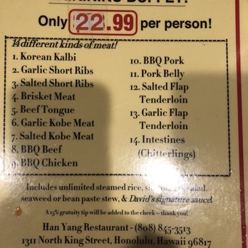 Han Yang Restaurant - All you can eat menu - Korean Near Me - Honolulu, Hawaii