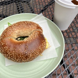 Photo of Brothers & Sisters Co Coffeehouse + Cafe - Brookline, MA, United States. Egg and Cheese Bagel