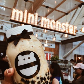 Mini Monster Cafe - Early grey milk tea in their jars! Super cute, big, and worth it! Worried I was going to drop my jar while taking this photo... - Bubble Tea Near Me - Anaheim, California