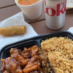 Lunch General Tso Chicken with Fried Rice.   Egg Drop Soup. Veggie Egg Roll