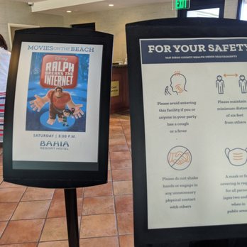 Bahia Resort Hotel - Covid rules, and movies on the beach ad. - San Diego, CA