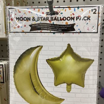 Five Below - A package containing moon and star-shaped balloons in gold color, with dimensions listed on the label, hanging on a store pegboard. - Department Stores Near Me - Melbourne, Florida