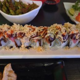 Giant Roll, spicy garlic edamame and 5 pc sashimi