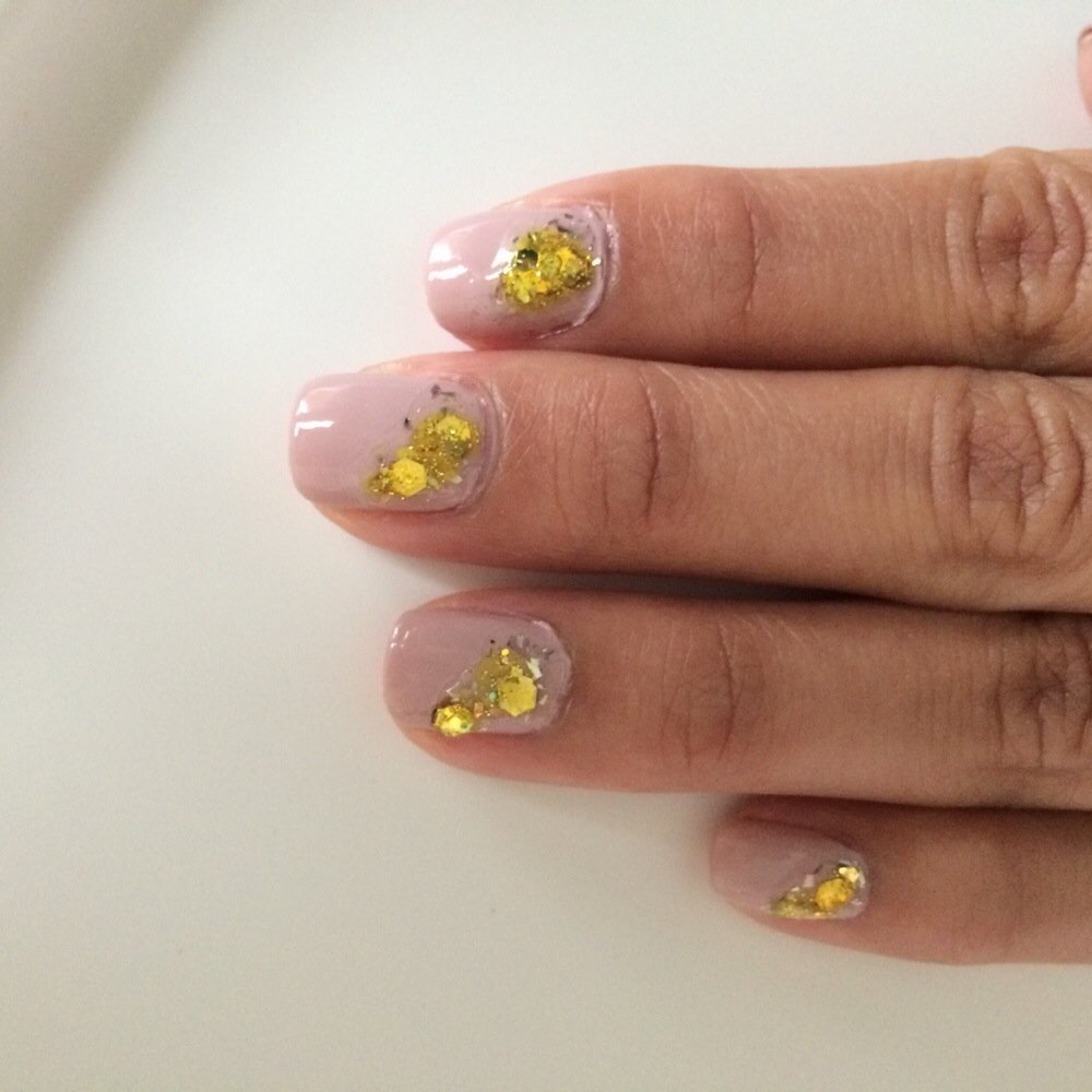 Leann's Nails - Nude base color with Gold Glitter flecks! Love it! - Nail Salons Near Me - Alameda, California