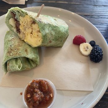 Romancing the Bean Cafe - Breakfast burrito with bacon and "side" of fruit. - Coffee & Tea Near Me - Burbank, California Romancing the Bean Cafe - Breakfast burrito with bacon and "side" of fruit. - Coffee & Tea Near Me - Burbank, California