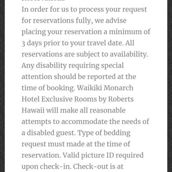 Hawaiian Monarch - The hotel policy regarding disabled guests, & their willingness to make reasonable accommodations. - Homeowner Association Near Me - Honolulu, Hawaii Hawaiian Monarch - The hotel policy regarding disabled guests, & their willingness to make reasonable accommodations. - Homeowner Association Near Me - Honolulu, Hawaii
