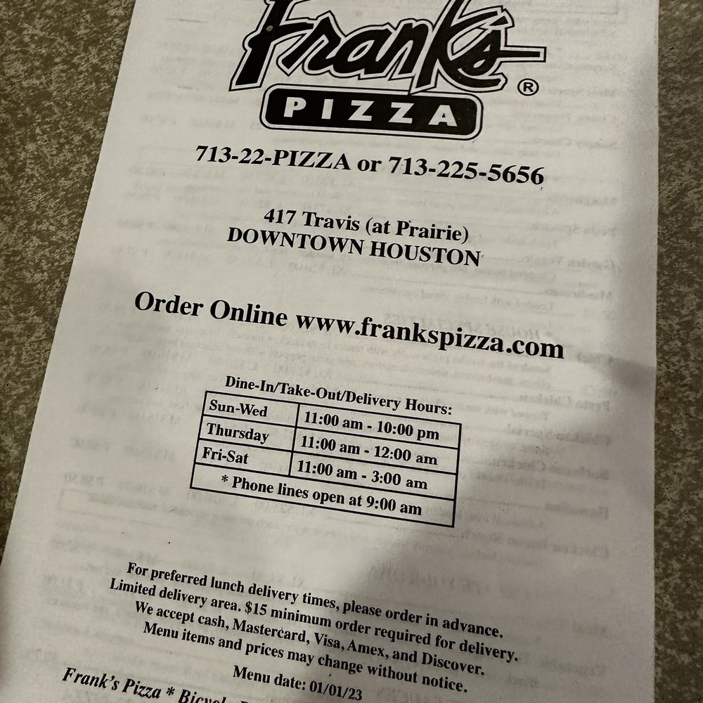 Frank's Pizza - Menu - Pizza Near Me - Houston, Texas