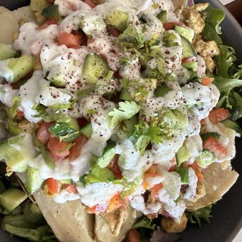 Dvine Mediterranean Experience - Long Beach - Batata Mediterranean (lunch special)  baked potato with chicken shawarma, cucumbers, tomato, and garlic sauce!!! - Mediterranean Near Me - Long Beach, California