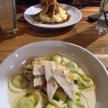 Derby Restaurant - Meatloaf, mashed potatoes, crispy onions and Demi glaze.  Grilled chicken, spinach ravioli, veggies and lemon cream sauce. - American Near Me - Dallas, Texas