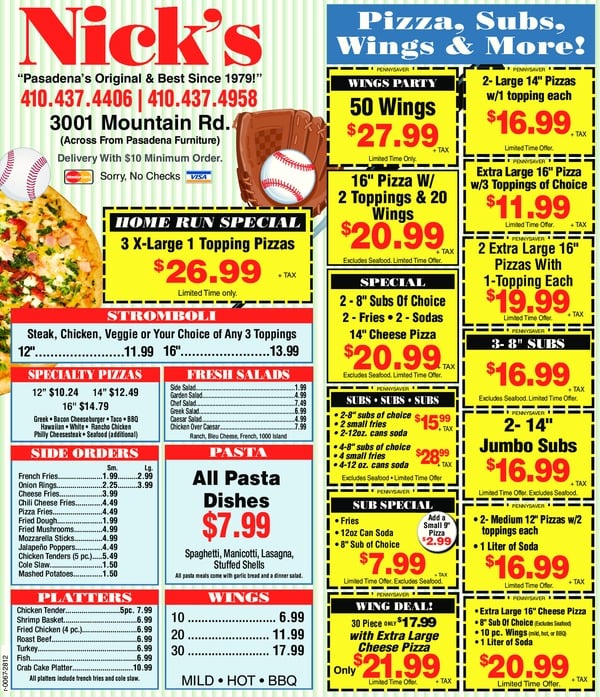 NICK’S PIZZA & SUBS 16 Reviews 3001 Mountain Rd, Pasadena, Maryland