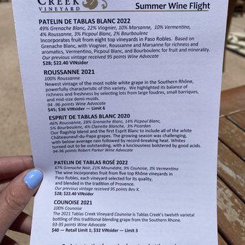 Tablas Creek Vineyard - Tasting menu June 2023 - Wineries Near Me - Paso Robles, California