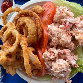 Markey's Lobster Pool - Lobster salad plate with onion rings - Seafood Near Me - Seabrook, New Hampshire