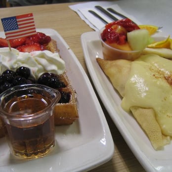 The Belgian Cafe - left: stars & stripe waffle / right: eggs benedict crepe - Breakfast & Brunch Near Me - Solvang, California The Belgian Cafe - left: stars & stripe waffle / right: eggs benedict crepe - Breakfast & Brunch Near Me - Solvang, California