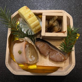 wa’z - Smoke salmon sushi, Pickled turnip and Yuzu Kosho Grilled black cod  Rolled sweet egg omelette  Herring roe, Kombu kelp and dried squid - Japanese Near Me - Seattle, Washington
