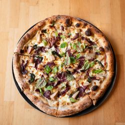 Beachwood Pizza & Beer - Duck Hunter Pizza - white sauce, avorio, duck breast pastrami, carmelized onion, basil, pickled green strawberry, mustard seed, parmesan