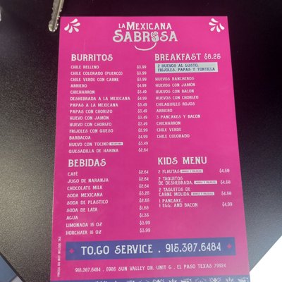 Menu photo 2 La Mexicana Sabrosa El Paso, TX