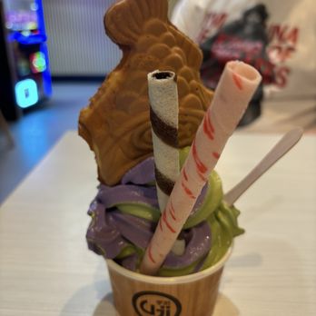 Uji Time Dessert - Ube and matcha ice cream swirl with wafers on top and taiyaki. - Ice Cream & Frozen Yogurt Near Me - Danville, California Uji Time Dessert - Ube and matcha ice cream swirl with wafers on top and taiyaki. - Ice Cream & Frozen Yogurt Near Me - Danville, California