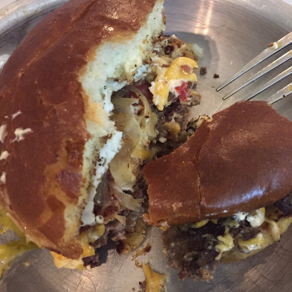 Small Batch - Morning After burger with pimento cheese. - Breweries Near Me - Winston-Salem, North Carolina