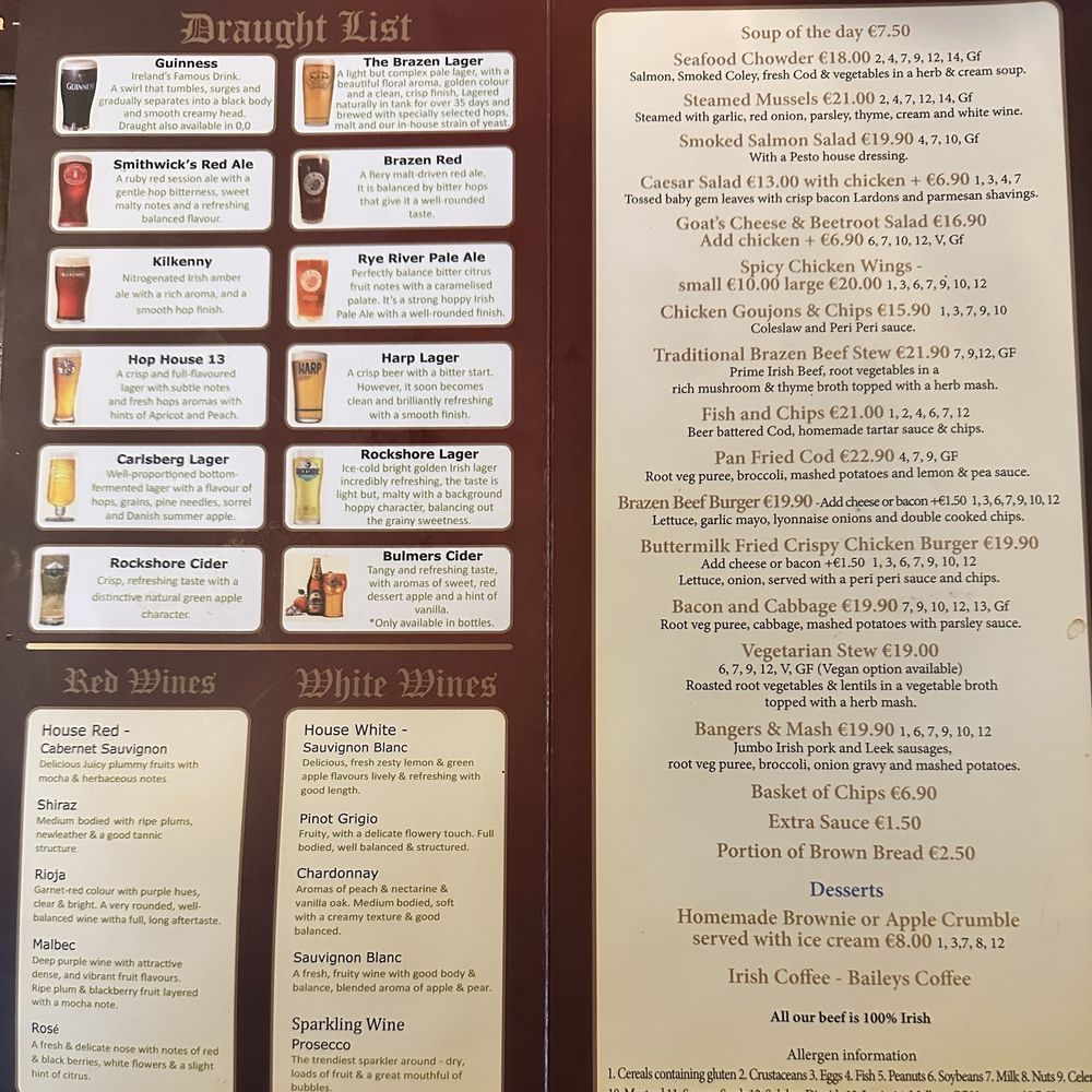 The Brazen Head - Menu - Pubs Near Me - Dublin, D The Brazen Head - Menu - Pubs Near Me - Dublin, D