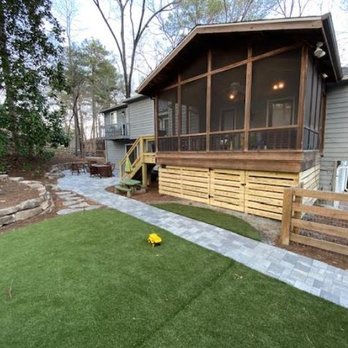 Miller Landscape - back yard patio, boulder walls and turf - Landscaping Near Me - Woodstock, Georgia Miller Landscape - back yard patio, boulder walls and turf - Landscaping Near Me - Woodstock, Georgia