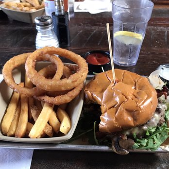 Burger Bench - Bench Burger with 50/50 natural fries and onion rings. Yes, I took a bite before I took the pic. It was delicious. - American Near Me - Escondido, California