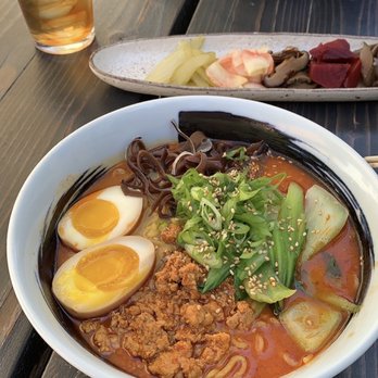 Ramen Kotori - Raman and pickled veggies on patio. - Ramen Near Me - Solvang, California