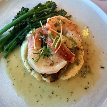 The Maple Leaf - Filet on a bed of mashed potatoes topped with shrimp and a side of asparagus - Canadian (New) Near Me - Banff, Alberta The Maple Leaf - Filet on a bed of mashed potatoes topped with shrimp and a side of asparagus - Canadian (New) Near Me - Banff, Alberta