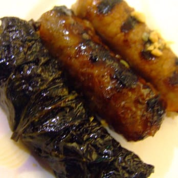 Anh Hong Saigon - from left to right: hawaiian tea leaf wrapped beef, beef with onions in the middle, and regular sausage - Vietnamese Near Me - Milpitas, California