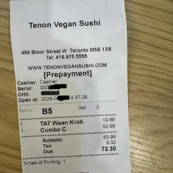 Tenon Vegan Sushi - Receipt - Sushi Bars Near Me - Toronto, Ontario Tenon Vegan Sushi - Receipt - Sushi Bars Near Me - Toronto, Ontario