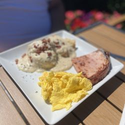 The Tower Grill - Biscuits and gravy with scrambled eggs and ham