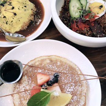 Kitchen Story - Top Left: Tornado Galbi Omurice Rice Top Right: Jjapaguri Bottom: Butter Milk Pancake - Breakfast & Brunch Near Me - Oakland, California