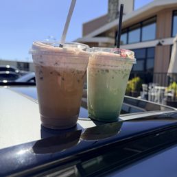 Cheesecake Matcha and Chocolate covered strawberry iced Mocha
