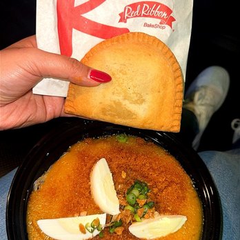 Red Ribbon Bakeshop - Pancit Palabok - Individual and Beef Empanada - Individual - Bakeries Near Me - San Antonio, Texas Red Ribbon Bakeshop - Pancit Palabok - Individual and Beef Empanada - Individual - Bakeries Near Me - San Antonio, Texas
