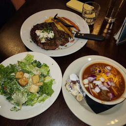 Rib eye- needed better seasoning Caesar salad Delicious chili! Rib eye- needed better seasoning Caesar salad Delicious chili!