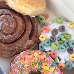 Love Donuts & Coffee - Cinnamon swirl, fruit loop, fruity pebble, and regular glazed