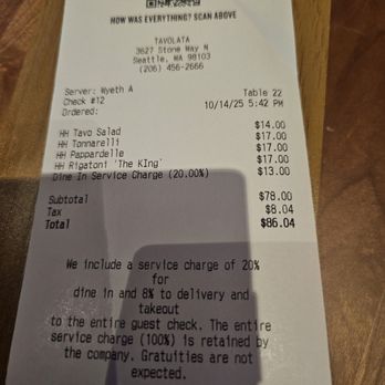 Tavolàta Fremont - service charge added - Italian Near Me - Seattle, Washington